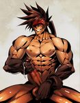  1boy abs bara blush cum drooling gairen gloves guilty_gear looking_at_viewer male_focus masturbation muscle naughty_face nude pecs penis saliva sol_badguy solo testicle_grab testicles 