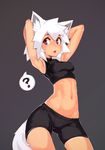  ? animal_ears armpits arms_behind_head bike_shorts contrapposto crop_top deel_(rkeg) highres looking_to_the_side marinya midriff navel open_mouth original purple_eyes short_hair sleeveless solo spoken_question_mark standing tail turtleneck white_hair wolf_ears wolf_tail 