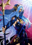  aqua_(fire_emblem_if) blue_hair dress elbow_gloves face_mask fingerless_gloves fire_emblem fire_emblem_cipher fire_emblem_if gloves hair_between_eyes hairband highres holding holding_weapon jewelry kozaki_yuusuke long_hair mask necklace official_art polearm see-through solo veil very_long_hair weapon yellow_eyes 