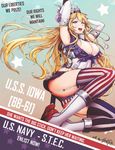  :d american_flag_legwear american_flag_panties areola_slip areolae armpits arms_behind_head blonde_hair blue_eyes breasts character_name cleavage commentary english garter_straps headgear highres hiroki_ree huge_breasts iowa_(kantai_collection) jpeg_artifacts kantai_collection long_hair looking_at_viewer mismatched_legwear open_mouth panties pantyshot poster propaganda signature smile solo thighhighs underwear us_navy 