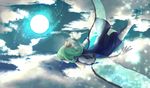  above_clouds absurdres ascot barefoot blue_dress bow cloud daiyousei dress fairy_wings flying from_side full_moon green_hair hair_bow highres light_particles moon moonlight night night_sky short_hair side_ponytail sky solo touhou transparent_wings wings yurinotubomi 