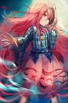  bow bowtie bubble_skirt fox_mask hata_no_kokoro highres long_hair long_sleeves looking_at_viewer maho_moco mask noh_mask pink_eyes pink_hair plaid plaid_shirt profile shirt skirt solo string touhou very_long_hair 