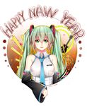  2016 absurdres artist_name bare_shoulders breasts dated detached_sleeves engrish green_eyes green_hair guitar happy_new_year hatsune_miku highres instrument long_hair medium_breasts necktie new_year ranguage rhode smile solo twintails vocaloid 