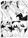 5girls :d bandages breasts cheating cleavage collarbone comic deco_(geigeki_honey) expressionless glasses greyscale hetero ise_(kantai_collection) kaga_(kantai_collection) kantai_collection large_breasts looking_at_viewer monochrome multiple_girls musashi_(kantai_collection) netorare open_mouth sarashi shaded_face smile ta-class_battleship translated upper_body v wo-class_aircraft_carrier 