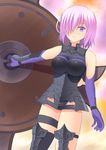  armor armored_dress blush breasts elbow_gloves fate/grand_order fate_(series) gloves hair_over_one_eye large_breasts leotard mash_kyrielight purple_eyes purple_hair shield shizukage_(shizukageya) short_hair single_thighhigh smile solo thigh_strap thighhighs 