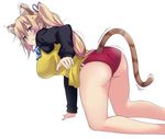  &gt;:( all_fours animal_ears ass bare_legs black_shirt blonde_hair blue_bow blue_neckwear blush bow bowtie breasts buruma cat_ears ear_wiggle from_behind frown hair_between_eyes kawakami_mai kemonomimi_mode large_breasts legs_apart long_hair long_sleeves looking_at_viewer musaigen_no_phantom_world purple_eyes purple_ribbon ribbon sbel02 shirt side_ponytail simple_background solo sweatdrop sweater_vest tail tail_through_clothes tail_wagging tsurime v-shaped_eyebrows white_background 