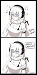  2koma bare_shoulders blue_eyes bra_strap braid breasts cleavage collarbone comic english glasses headphones kantai_collection long_hair medium_breasts meme monochrome off-shoulder_shirt pale_skin rexlent semi-rimless_eyewear shinkaisei-kan shirt simple_background supply_depot_hime under-rim_eyewear upper_body white_background 