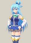  aqua_(konosuba) blue_eyes blue_hair breasts detached_sleeves hands_on_hips kono_subarashii_sekai_ni_shukufuku_wo! medium_breasts ponytail shizukage_(shizukageya) simple_background skirt smile solo thighhighs 