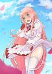  blush dress dress_lift final_fantasy green_eyes highres hood hood_down jinrui_wa_suitai_shimashita long_hair looking_at_viewer open_mouth panties pantyshot pantyshot_(standing) pink_hair robe skirt skirt_tug solo standing thighhighs underwear upskirt very_long_hair watashi_(jintai) wavy_mouth white_mage white_panties wind wind_lift yokura_(yukilina) 