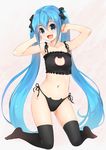  aqua_eyes aqua_hair armpits arms_up black_bra black_panties bra cat_cutout cat_ear_panties cat_lingerie cleavage_cutout hatsune_miku highres kneeling long_hair meme_attire navel open_mouth panties shiny shiny_skin side-tie_panties skindentation smile solo thighhighs twintails underwear underwear_only very_long_hair vocaloid wacchi 