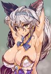  animal_ear_fluff animal_ears areola_slip areolae armpits arms_behind_head blue_eyes breasts cat_ears cleavage commentary_request erune gold_trim granblue_fantasy grey_background grey_hair hairband heles highres large_breasts long_hair looking_at_viewer revision simple_background solo sweat textless wakura_(gcdan) yellow_eyes 