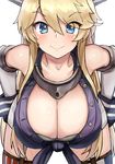  :&gt; absurdres bent_over blonde_hair blue_eyes breasts cleavage commentary detached_sleeves headgear highres huge_breasts iowa_(kantai_collection) kantai_collection long_hair looking_at_viewer md5_mismatch okitsugu resized smile solo star star-shaped_pupils symbol-shaped_pupils upscaled 