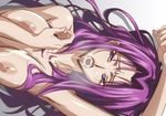  1girl after_fellatio areolae armpits arms_up blue_eyes breasts code_geass cornelia_li_britannia cum cum_in_mouth cum_on_body cum_on_breasts cum_on_upper_body facial highres kyabakurabakufu large_breasts long_hair looking_at_viewer lying nipples nude on_back open_mouth purple_hair raised_eyebrows solo sweat upper_body 