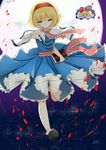  absurdres alice_margatroid blonde_hair blue_eyes book capelet full_moon highres moon multiple_girls outstretched_arm red_ribbon rhode ribbon shanghai_doll short_hair star touhou 