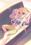  arms_behind_head arms_up barefoot bike_shorts blonde_hair brown_eyes clothes_writing couch feet futaba_anzu garun_wattanawessako idolmaster idolmaster_cinderella_girls long_hair looking_at_viewer lying navel on_back open_mouth pillow shirt shirt_lift shorts solo striped striped_bike_shorts t-shirt toes twintails very_long_hair you_work_you_lose 