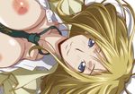  1girl areolae bed blonde_hair blue_eyes breasts code_geass collarbone highres kyabakurabakufu large_breasts looking_at_viewer lying milly_ashford necktie nipples no_bra on_back open_clothes pillow school_uniform short_hair smile solo upper_body 