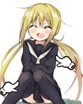  ^_^ ^o^ amano_kouki black_serafuku blonde_hair blush closed_eyes commentary_request crossed_arms hair_between_eyes hair_ornament highres kantai_collection knees_together_feet_apart laughing long_hair long_sleeves low_twintails open_mouth poking satsuki_(kantai_collection) school_uniform serafuku simple_background sitting skirt solo thighhighs tickling twintails white_background 