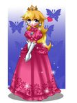  arlym blonde_hair blue_eyes bug butterfly crown dress insect mario_(series) pink_dress princess_peach solo super_mario super_mario_bros. 