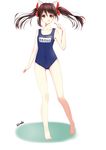  :p absurdres artist_name ass_visible_through_thighs barefoot brown_eyes brown_hair candy food highres lollipop love_live! love_live!_school_idol_project one-piece_swimsuit rhode school_swimsuit solo swimsuit tongue tongue_out twintails yazawa_nico 