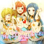  ^_^ ahoge blonde_hair blue_hair blush bokura_wa_aozora_ni_naru braid closed_eyes copyright_name dated french_braid idol kasukabe_haru long_hair microphone multiple_girls one_eye_closed red_eyes red_hair skirt smile tendouji_musubi tokyo_7th_sisters tsunomori_rona zpolice 