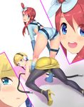  2girls all_fours ass bare_shoulders bent_over blonde_hair blue_eyes blush boots breasts cameltoe dress from_behind fuuro_(pokemon) gym_leader hair_ornament headphones high_heels kamitsure_(pokemon) large_breasts looking_at_viewer looking_back multiple_girls mushi_gyouza nintendo open_mouth panties panties_under_pantyhose pantyhose pantylines pokemon pokemon_(anime) pokemon_(game) pokemon_bw red_hair shiny shiny_clothes shiny_hair shiny_skin short_dress short_hair short_hair_with_long_locks short_shorts shorts sidelocks smile sweatdrop underwear zoom_layer 