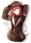  adjusting_clothes adjusting_hat ariaria_(netsuki) arm_behind_head arms_up borrowed_character cabbie_hat character_name expressionless gloves hair_between_eyes hat hood hood_down hoodie looking_at_viewer neko_sensha no_legs original oversized_zipper red_eyes red_hair short_hair simple_background solo upper_body white_background zipper 