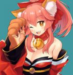  amearare animal_ears bare_shoulders bell bell_collar blush_stickers breasts cleavage collar collarbone fate/grand_order fate_(series) fox_ears green_background hair_ribbon japanese_clothes large_breasts long_hair looking_at_viewer one_eye_closed open_mouth pink_hair ribbon simple_background solo tamamo_(fate)_(all) tamamo_cat_(fate) yellow_eyes 