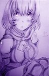  absurdres bad_id bad_pixiv_id blush breasts cape cleavage cleavage_cutout cyicheng dated fingerless_gloves gloves hai_to_gensou_no_grimgar hair_between_eyes highres large_breasts looking_at_viewer mechanical_pencil monochrome pencil shihoru_(grimgar) short_hair solo traditional_media 