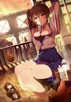  afloat akagi_(kantai_collection) arms_behind_head autumn_leaves blush breasts brown_eyes brown_hair chibi cleavage fang_xue_jun heart heart-shaped_pupils highres japanese_clothes kaga_(kantai_collection) kantai_collection large_breasts looking_at_viewer milk mouth_hold multiple_girls muneate pout purple_eyes railing side_ponytail sitting skirt_rolled_up soaking_feet solo_focus sunset symbol-shaped_pupils thighhighs water 