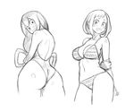  arm_behind_back ass asui_tsuyu back bikini blush boku_no_hero_academia breasts greyscale hand_on_own_arm k2shh large_breasts long_hair looking_back monochrome multiple_girls navel shiny shiny_skin short_hair sketch striped striped_bikini swimsuit tears uraraka_ochako 