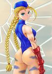  ahoge alternate_color antenna_hair ass blonde_hair blue_eyes blue_leotard bodypaint braid breasts cammy_white camouflage elbow_gloves fingerless_gloves garrison_cap gloves hat holding_arm huge_ahoge large_breasts leotard long_hair player_2 solo street_fighter thong_leotard twin_braids very_long_hair yamasan_(hachiman) 