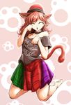  animal_ears bare_shoulders barefoot black_shirt blush_stickers cat_ears cat_tail closed_eyes clothes_writing collar collarbone darjeeling_(reley) hat hecatia_lapislazuli highres kneeling legs long_hair looking_at_viewer multicolored multicolored_clothes multicolored_skirt off-shoulder_shirt paw_pose pink_background polos_crown red_hair shirt sketch skirt solo tail touhou 