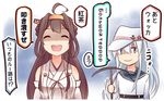  &gt;:) :d ^_^ ahoge blue_eyes brown_hair c: closed_eyes commentary_request cyrillic detached_sleeves double_bun hammer_and_sickle hat hibiki_(kantai_collection) holding ido_(teketeke) kantai_collection kongou_(kantai_collection) long_hair looking_at_viewer multiple_girls nontraditional_miko open_mouth pickaxe russian school_uniform serafuku shaded_face smile translated v-shaped_eyebrows verniy_(kantai_collection) white_hair 