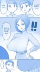  !! 1girl 2boys absurdres blue blush breasts child collared_shirt comic cowboy_shot ekz_(drawfag) english_text gradient gradient_background highres huge_breasts long_sleeves monochrome multiple_boys open_mouth original shirt short_hair sketch smile speech_bubble sweatdrop 