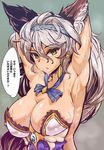  animal_ear_fluff animal_ears areola_slip areolae armpits arms_behind_head blue_eyes breasts cleavage commentary_request erune gold_trim granblue_fantasy grey_background grey_hair hairband heles highres large_breasts long_hair looking_at_viewer simple_background solo sweat translated wakura_(gcdan) yellow_eyes 