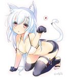  47agdragon all_fours animal_ears barefoot black_gloves black_legwear blush breasts cat_day cat_ears cat_tail cleavage dagger gloves hair_ornament heart highres large_breasts long_hair looking_at_viewer original paw_pose red_eyes silver_hair solo spoken_heart tail thighhighs toeless_legwear weapon x_hair_ornament 