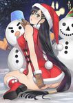  ass bare_shoulders black_hair blade_arcus_from_shining blue_eyes blush boots breasts bunny_tail christmas fur-trimmed_boots fur_trim gloves hair_ornament hairclip hat highres kneeling large_breasts long_hair looking_at_viewer looking_back low-tied_long_hair open_mouth pairon panties pantyshot red_footwear revealing_clothes santa_boots santa_costume santa_hat shining_(series) snowman solo tail tanaka_takayuki underwear very_long_hair 