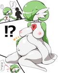  0k0j0 1boy 1girl blood blush breasts closed_eyes gardevoir gen_3_pokemon green_hair hair_over_one_eye hand_on_own_stomach happy highres large_breasts nipples nosebleed nude pokemon pokemon_(creature) pregnant red_eyes short_hair sitting smile translated 