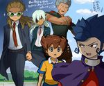  aqua_hair blue_hair brown_hair cloud day eyepatch formal goggles hairlocs inazuma_eleven_(series) inazuma_eleven_go kidou_yuuto long_hair male_focus matsukaze_tenma mikado_haruma mizuhara_aki multiple_boys necktie raimon raimon_soccer_uniform sakuma_jirou smirk soccer_uniform sportswear suit teikoku teikoku_soccer_uniform translation_request tsurugi_kyousuke vest 