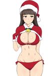  bikini black_eyes black_hair christmas girls_und_panzer hat highres kagemusha long_hair mature nishizumi_shiho santa_hat shawl simple_background solo swimsuit white_background 