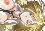  1girl after_fellatio areolae bed blonde_hair blue_eyes breasts code_geass collarbone cum cum_in_mouth cum_on_body cum_on_breasts cum_on_hair cum_on_upper_body facial highres kyabakurabakufu large_breasts looking_at_viewer lying milly_ashford necktie nipples no_bra on_back open_clothes parted_lips pillow school_uniform short_hair smile solo sweat upper_body 
