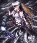  aircraft airplane anchor arm_cannon arm_up black_gloves black_legwear black_ribbon black_skirt blonde_hair blue_eyes breasts cannon capelet card closed_mouth cloud cloudy_sky expressionless flight_deck flying full_body gloves glowing graf_zeppelin_(kantai_collection) half-closed_eyes hand_on_headwear hat highres iron_cross kantai_collection large_breasts long_hair looking_at_viewer machinery miniskirt motion_blur necktie ocean outdoors pantyhose peaked_cap pleated_skirt propeller rain red_neckwear ribbon shaded_face shao_(newton) shirt sidelocks single_glove skirt sky solo splashing standing standing_on_liquid turret twintails water weapon white_hat white_shirt 