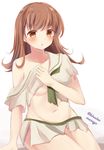  :o beige_shirt blush breasts brown_hair collarbone covering covering_one_breast cowboy_shot eyebrows eyebrows_visible_through_hair green_ribbon groin kantai_collection looking_at_viewer masayo_(gin_no_ame) medium_breasts midriff navel neckerchief ooi_(kantai_collection) orange_eyes parted_lips remodel_(kantai_collection) ribbon school_uniform serafuku shirt short_sleeves simple_background sitting skirt solo stomach tareme thighs torn_clothes torn_shirt torn_skirt twitter_username underboob white_background 