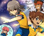  aqua_eyes armband beamed_eighth_notes beamed_sixteenth_notes blue_gakuran brown_eyes brown_hair closed_eyes eighth_note endou_mamoru gakuran grin headband inazuma_eleven_(series) inazuma_eleven_go kirino_ranmaru long_hair looking_at_viewer male_focus matsukaze_tenma mizuhara_aki multiple_boys musical_note open_mouth pink_hair raimon raimon_school_uniform raimon_soccer_uniform school_uniform shindou_takuto smile soccer_uniform sportswear translation_request treble_clef twintails 