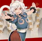  1girl :d aioi_u animal_ears bracelet breasts capcom cat_ears cat_girl cat_tail china_dress chinese_clothes chun-li chun-li_(cosplay) claws cosplay curly_hair dress eyebrows_visible_through_hair fang hunter_x_hunter jewelry looking_at_viewer medium_breasts neferpitou open_hands open_mouth outstretched_arms pantyhose puffy_sleeves red_eyes sash short_hair short_sleeves smile solo spiked_bracelet spikes spread_arms street_fighter tail wavy_hair white_hair 