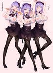  ahegao arms_up between_breasts black_legwear blue_eyes blush breasts cleavage covered_nipples cupping_hand dagashi_kashi double_v fellatio_gesture flower food food_on_clothes food_on_face frills hair_flower hair_ornament hair_ribbon hairband high-waist_skirt highres inverted_nipples large_breasts looking_at_viewer messy no_bra oishinbo open_mouth pantyhose popsicle purple_hair ribbon ringed_eyes rose see-through sexually_suggestive shidare_hotaru short_hair shoujo_donburi skirt smile solo strappy_heels suggestive_fluid suspender_skirt suspenders thighband_pantyhose tongue tongue_out translation_request umaibou v 