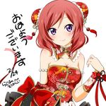  blush breasts china_dress chinese_clothes cleavage detached_collar double_bun dress floral_print hair_ornament looking_at_viewer love_live! love_live!_school_idol_project medium_breasts nishikino_maki orange_hair purple_eyes ragho_no_erika red_hair short_hair smile solo 