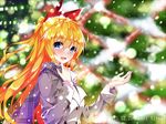  1girl akari_ajisai aliasing artist_request blonde_hair blue_eyes bow christmas female headband kirisaki_chitoge nisekoi scarf snow tree winter 