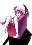  bat_wings blush closed_eyes commentary_request dress fang hat hat_ribbon highres koissa mob_cap open_mouth purple_hair remilia_scarlet ribbon short_hair short_sleeves skirt skirt_set sleeping solo thighhighs touhou white_dress white_legwear wings 