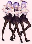  ahegao arms_up between_breasts black_legwear blue_eyes blush breasts cleavage covered_nipples cupping_hand dagashi_kashi double_v fellatio_gesture flower food food_on_clothes food_on_face frills hair_flower hair_ornament hair_ribbon hairband high-waist_skirt highres inverted_nipples large_breasts looking_at_viewer messy no_bra oishinbo open_mouth pantyhose popsicle purple_hair ribbon ringed_eyes rose see-through sexually_suggestive shidare_hotaru short_hair shoujo_donburi skirt smile solo suggestive_fluid suspender_skirt suspenders thighband_pantyhose tongue tongue_out umaibou v 